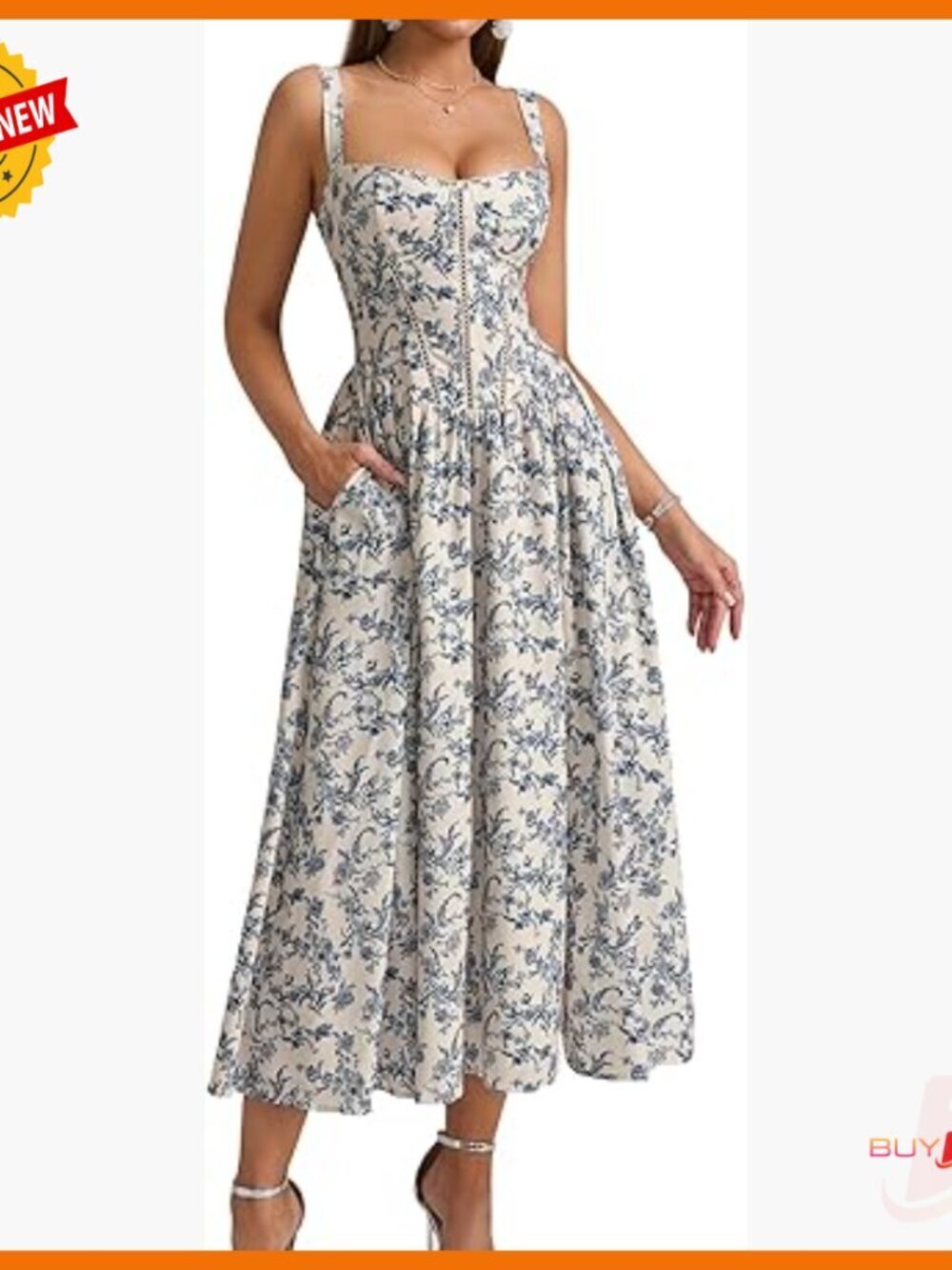 Floral Corset Midi Dress with Pockets, Adjustable Straps, Smocked Back